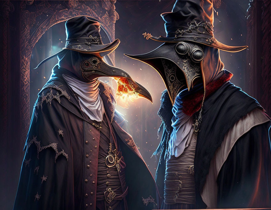 Plague doctor costumes with beaked masks and hats face-off with mystical glow.