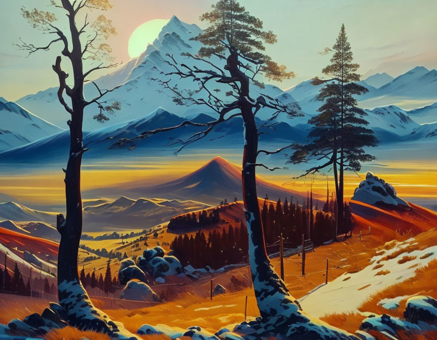 Snowy mountain landscape at sunrise with peak, forests, and glowing sky