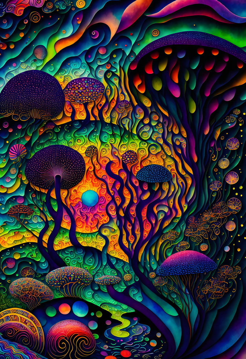 Colorful Psychedelic Artwork of Jellyfish and Sea Creatures