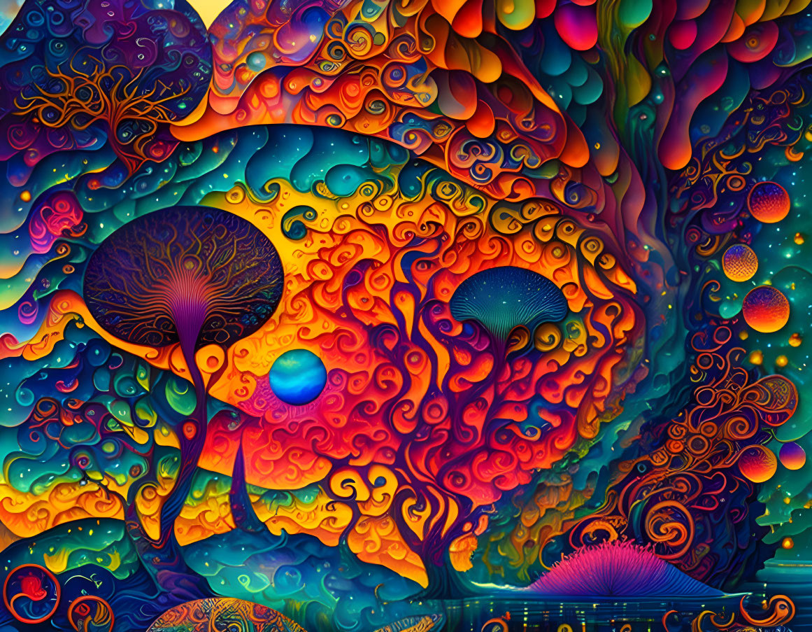 Colorful Psychedelic Artwork with Swirling Patterns and Fractal Trees