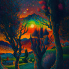 Fantasy landscape with twisted trees, glowing moon, and starry sky at dusk