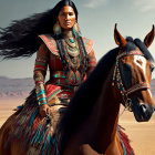 Illustration of woman on horse with vibrant patterns against scenic background