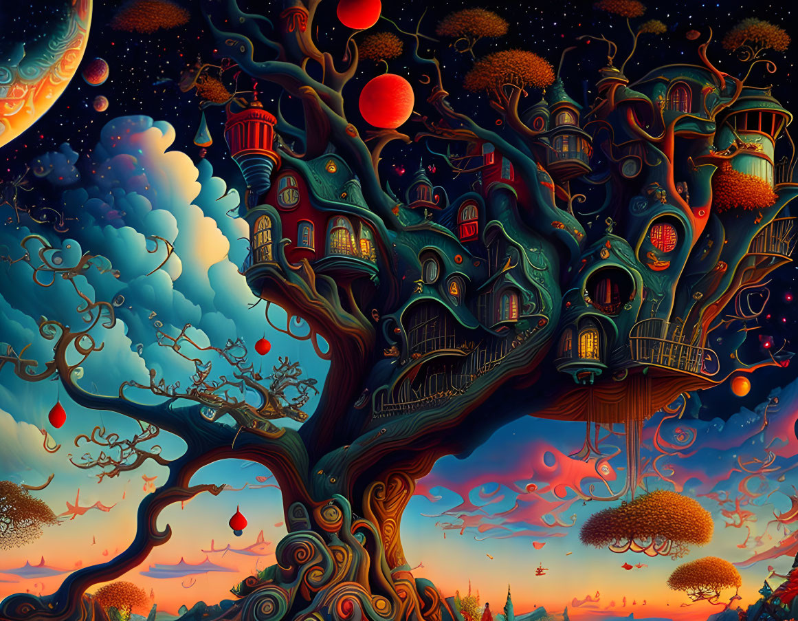 Whimsical fantasy tree with red fruit under starry sky