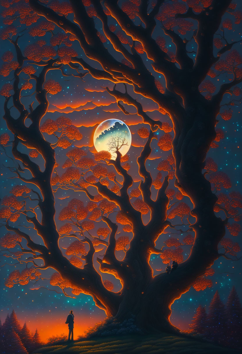 Majestic tree with fiery orange leaves under full moon and person gazing up