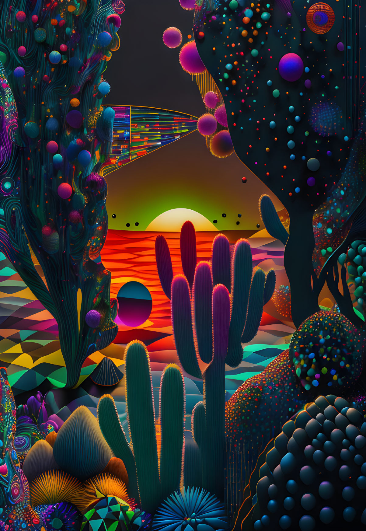 Colorful Psychedelic Landscape with Cacti and Sunset Gradient