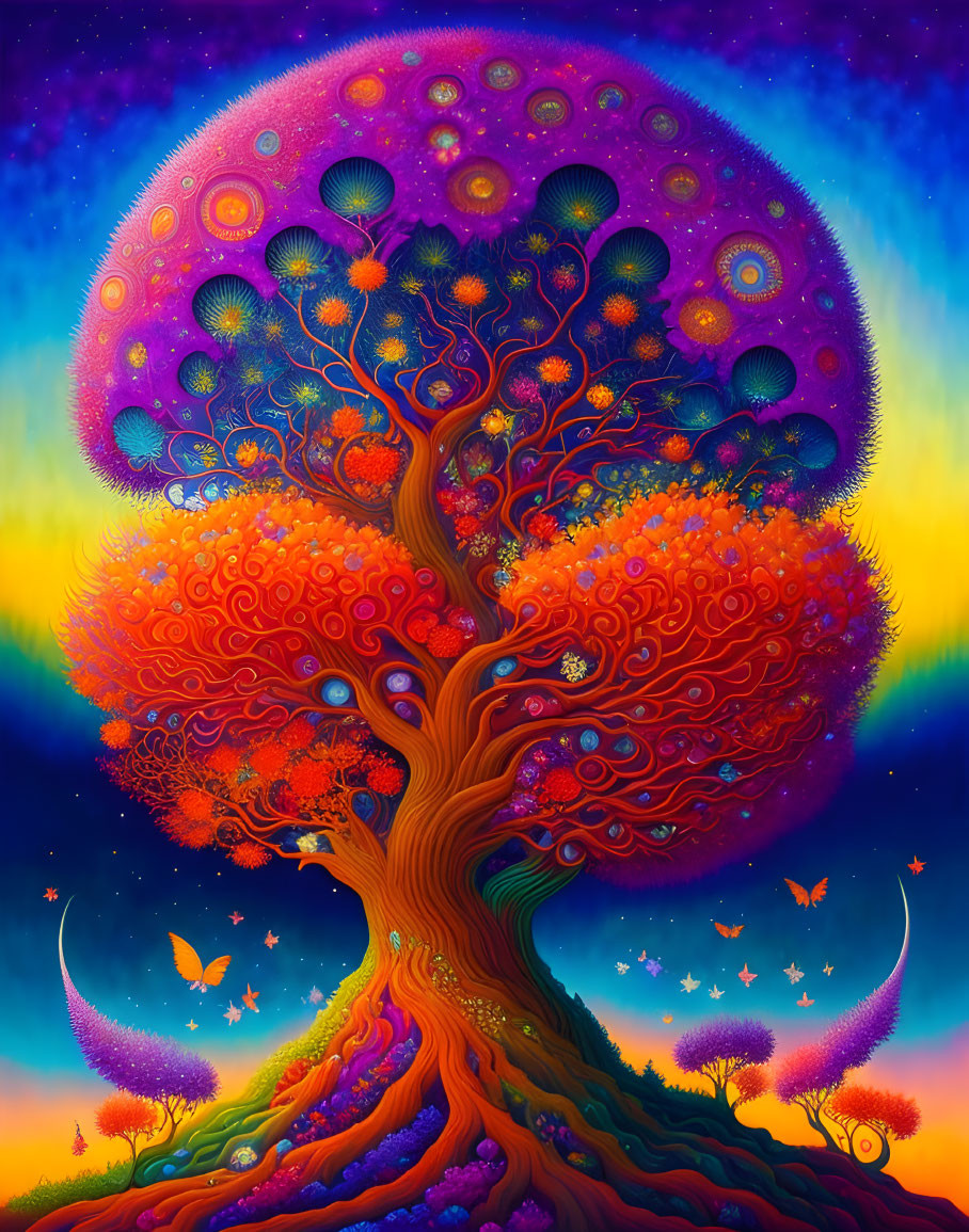 Colorful psychedelic tree illustration with mushroom-like canopy and butterflies under starry sky