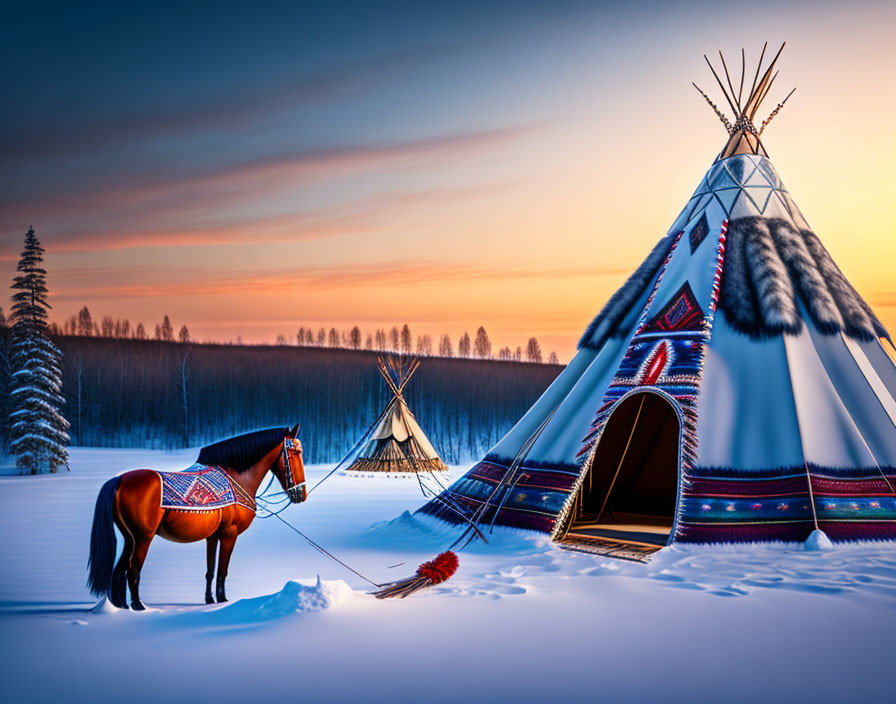 Horse by Teepee in Snowy Landscape at Sunset