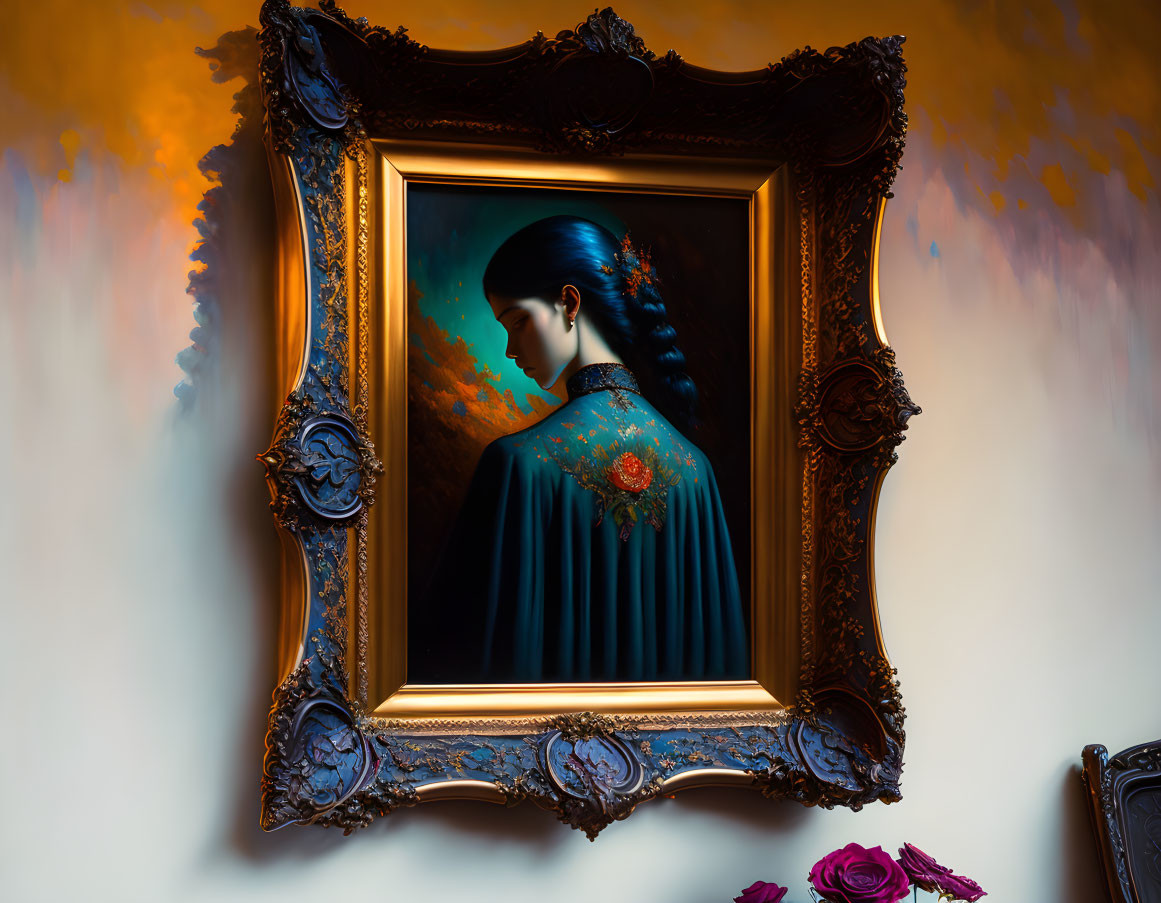 Surreal painting of woman in blue dress with red rose in ornate golden frame