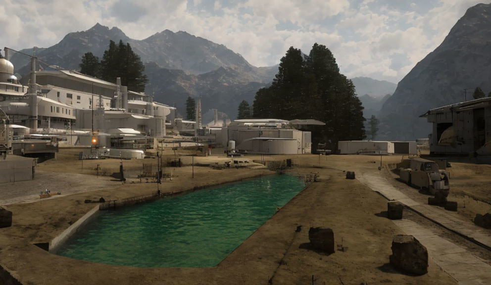 Military base in mountainous landscape with buildings, vehicles, and aqua pool