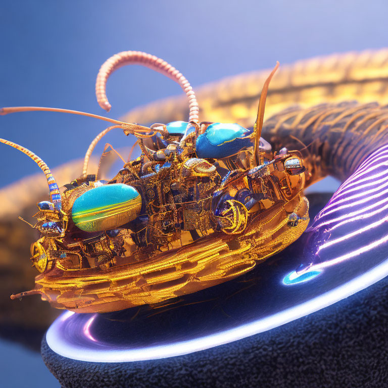 Detailed Robotic Insect with Metallic Components and Blue Eyes on Textured Surface