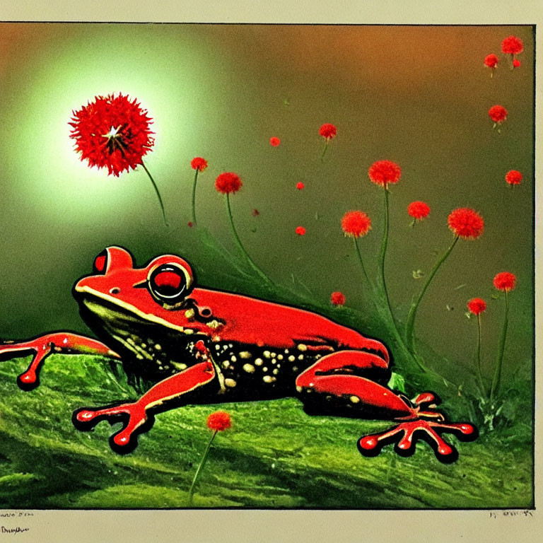 Colorful Red Frog on Green Branch with Flowers and Spiky Bloom