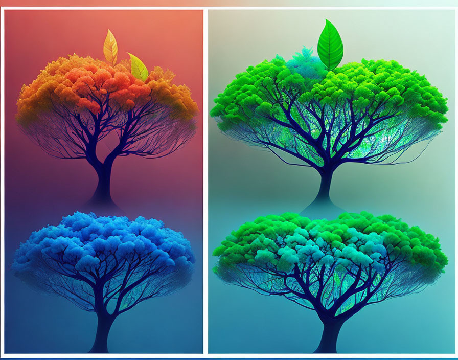 Stylized trees with colorful canopies representing four seasons on gradient background