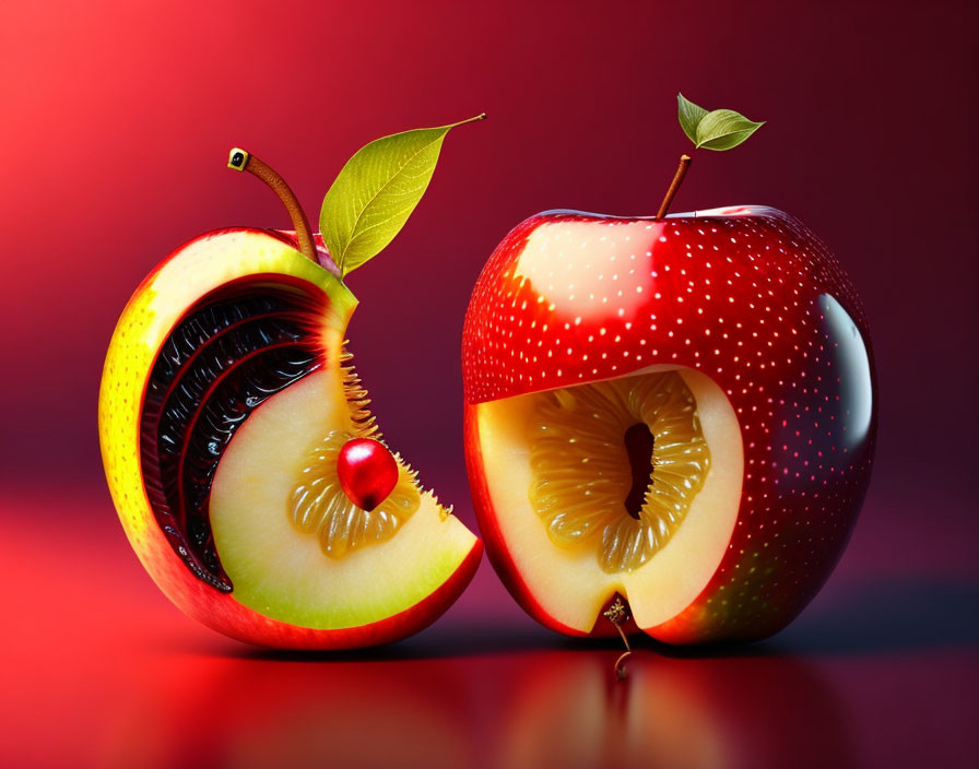 Digitally altered image of sliced apples with kiwi and watermelon-cherry insides