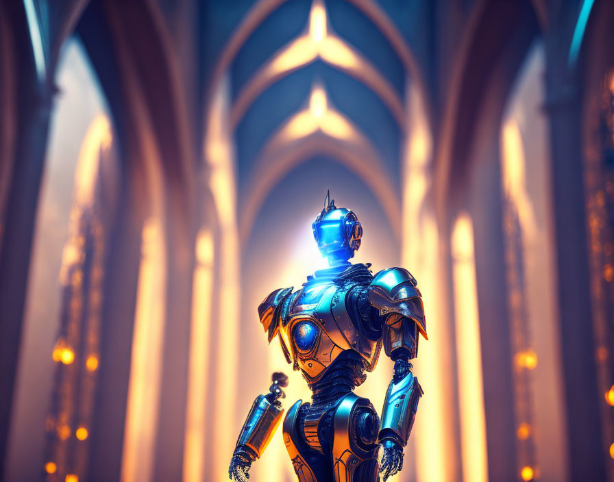 Blue and Gold Armored Futuristic Robot in Cathedral Setting