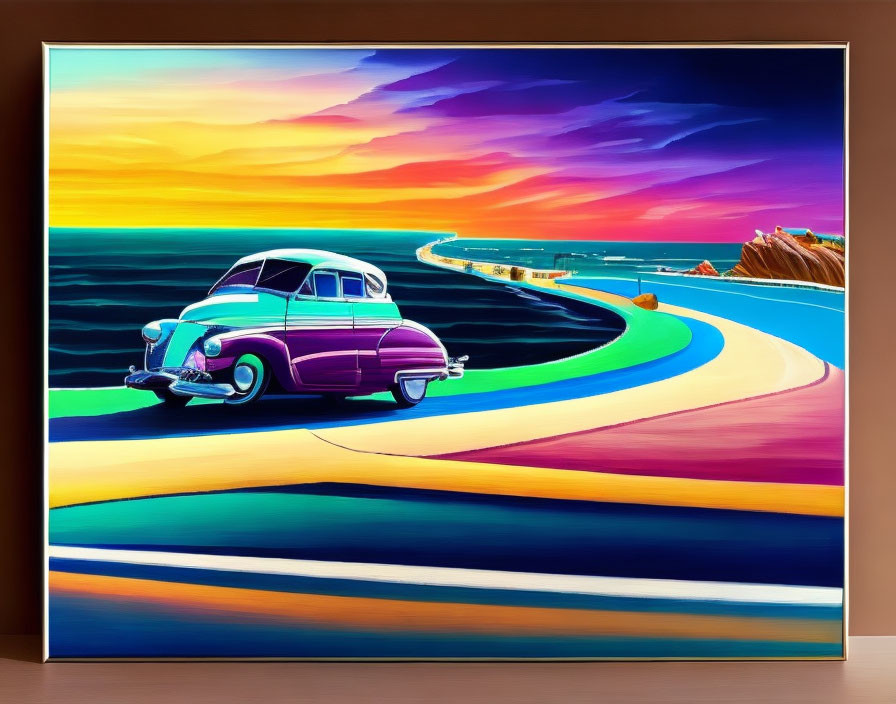 Colorful Coastal Road Sunset Painting with Classic Car