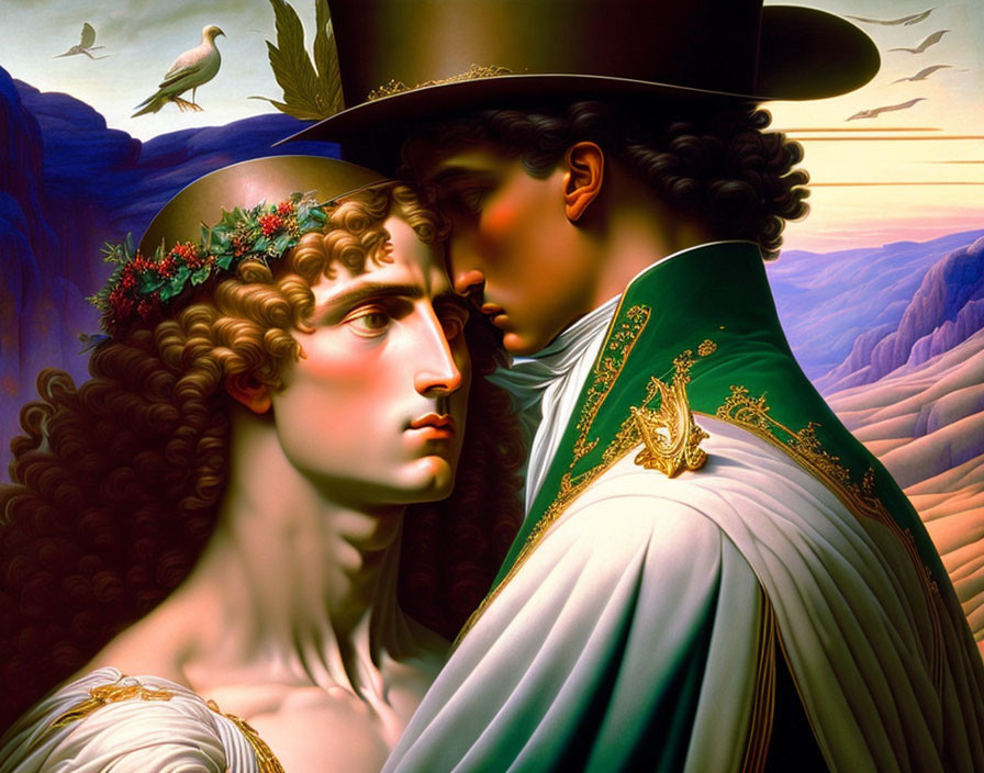 Surreal painting: man in green coat embracing woman with laurel wreath