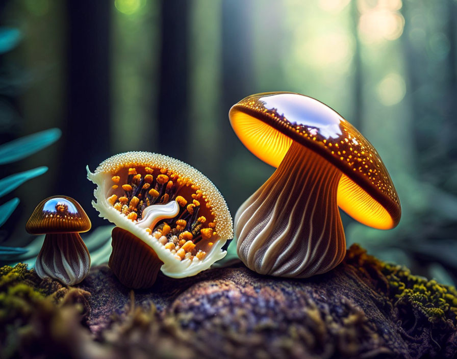 Glowing mushrooms on forest log with ambient light - Fantasy woodland scene