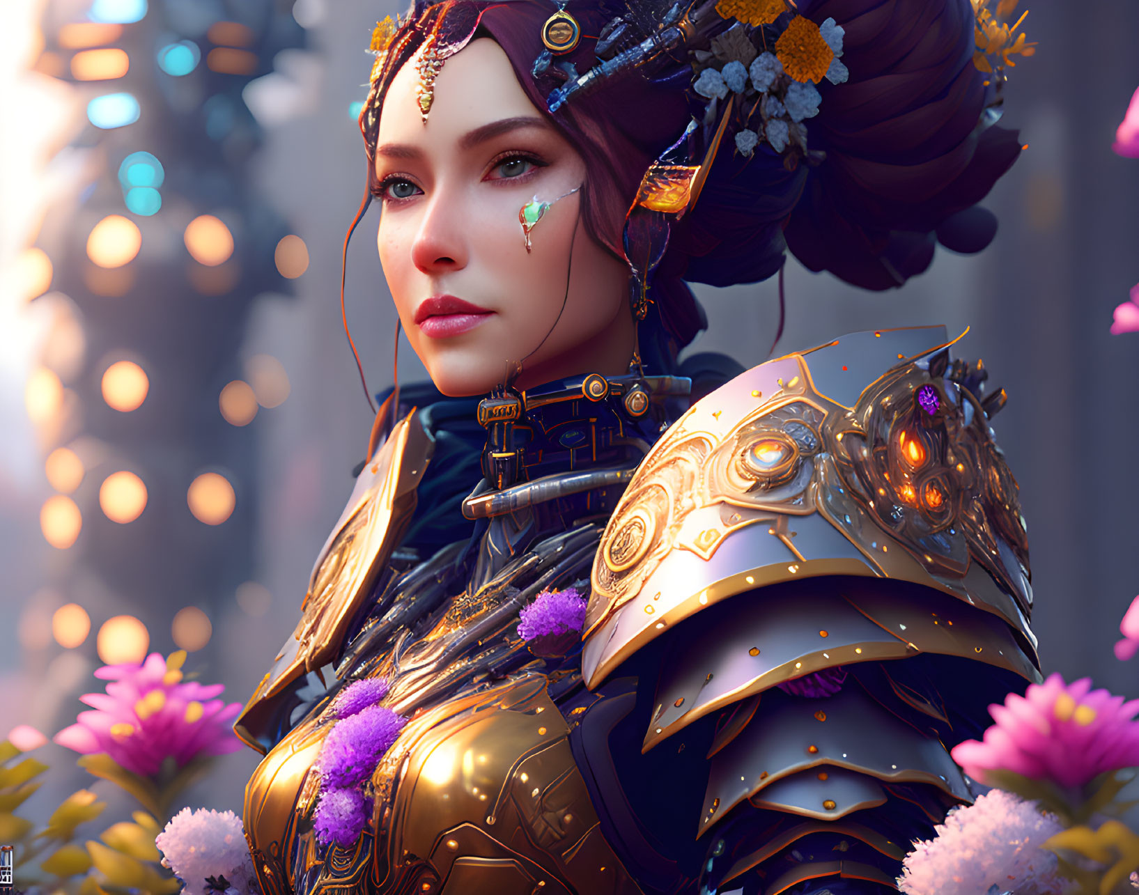 Intricate golden armor woman with stylized hairstyle and flowers in digital art