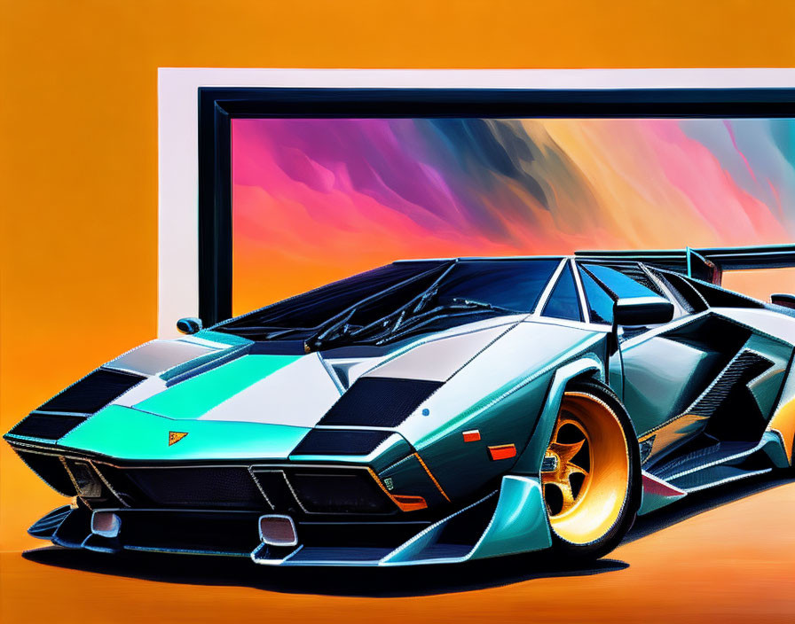 Colorful Digital Art: Stylized Lamborghini Countach in Teal and Yellow