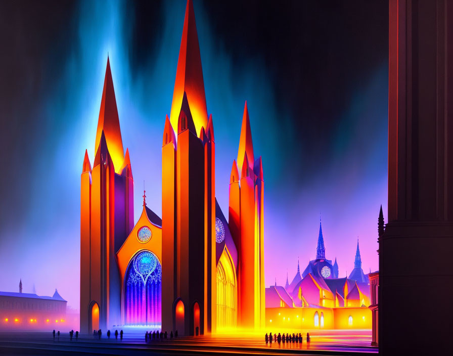 Fantastical cityscape illustration with glowing spires and figures at dusk