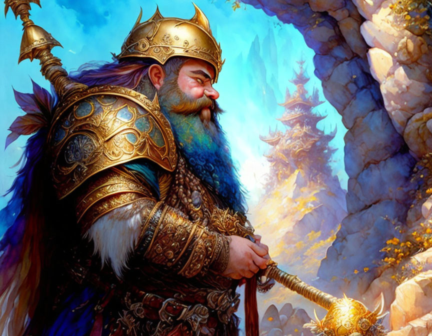 Majestic dwarf king in ornate armor with braided beard and scepter, set against mountain