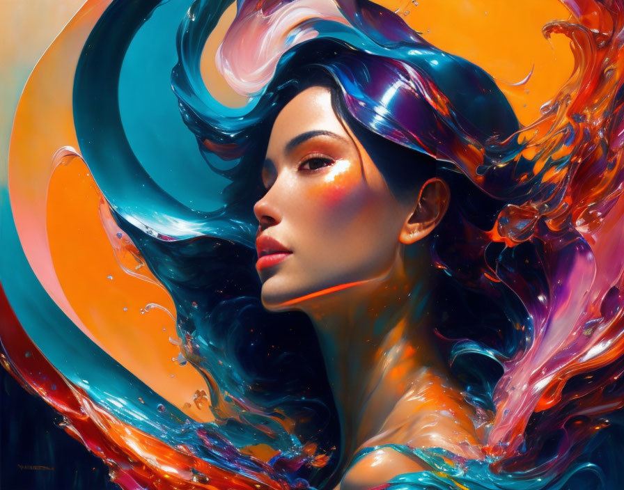 Colorful digital artwork: Woman with swirling paint-like hair