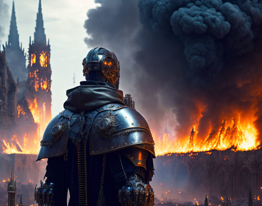 Ornate armored knight observing burning cityscape