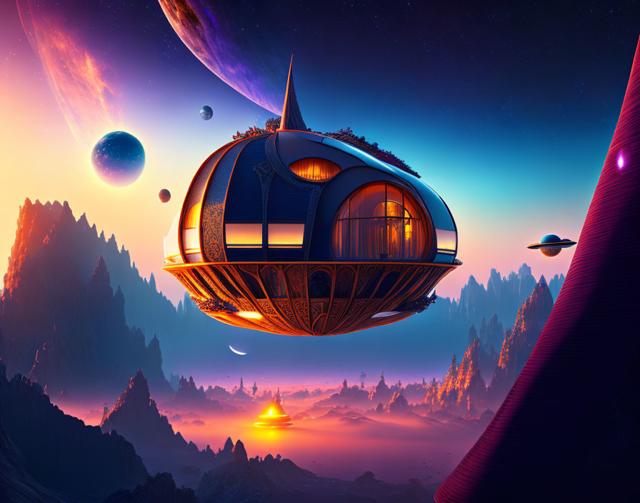 Futuristic house-shaped spaceship flying over misty alien landscape