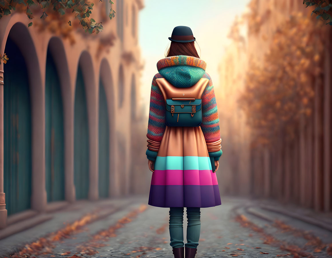 Person in Colorful Outfit Stands on Tree-Lined Path in Autumn