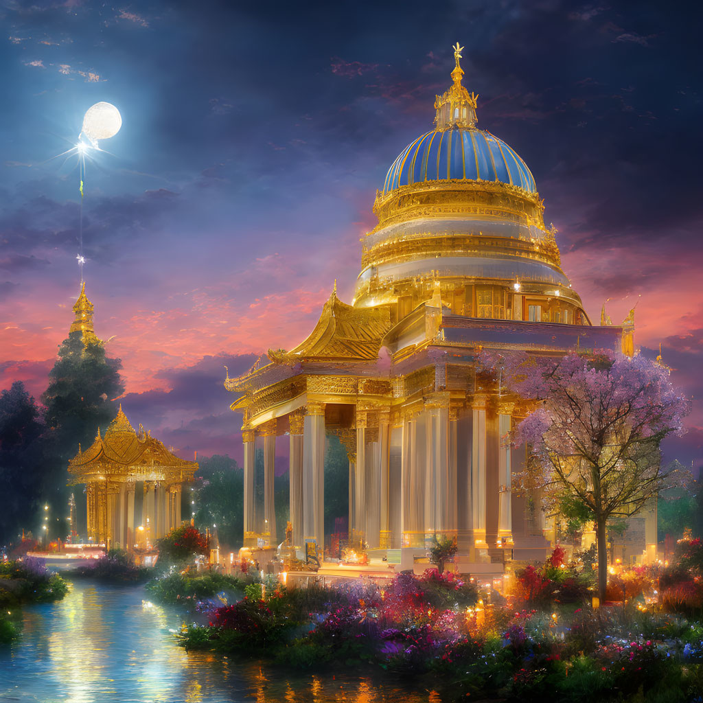 Moonlit scene of majestic building with golden dome and purple blossoms reflected in waterway