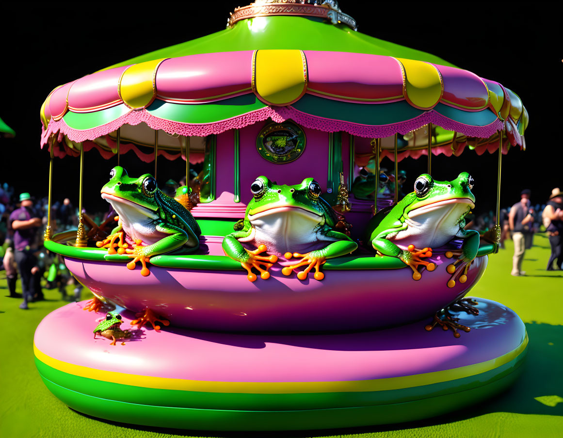 Colorful Frog Carousel Against Dark Background