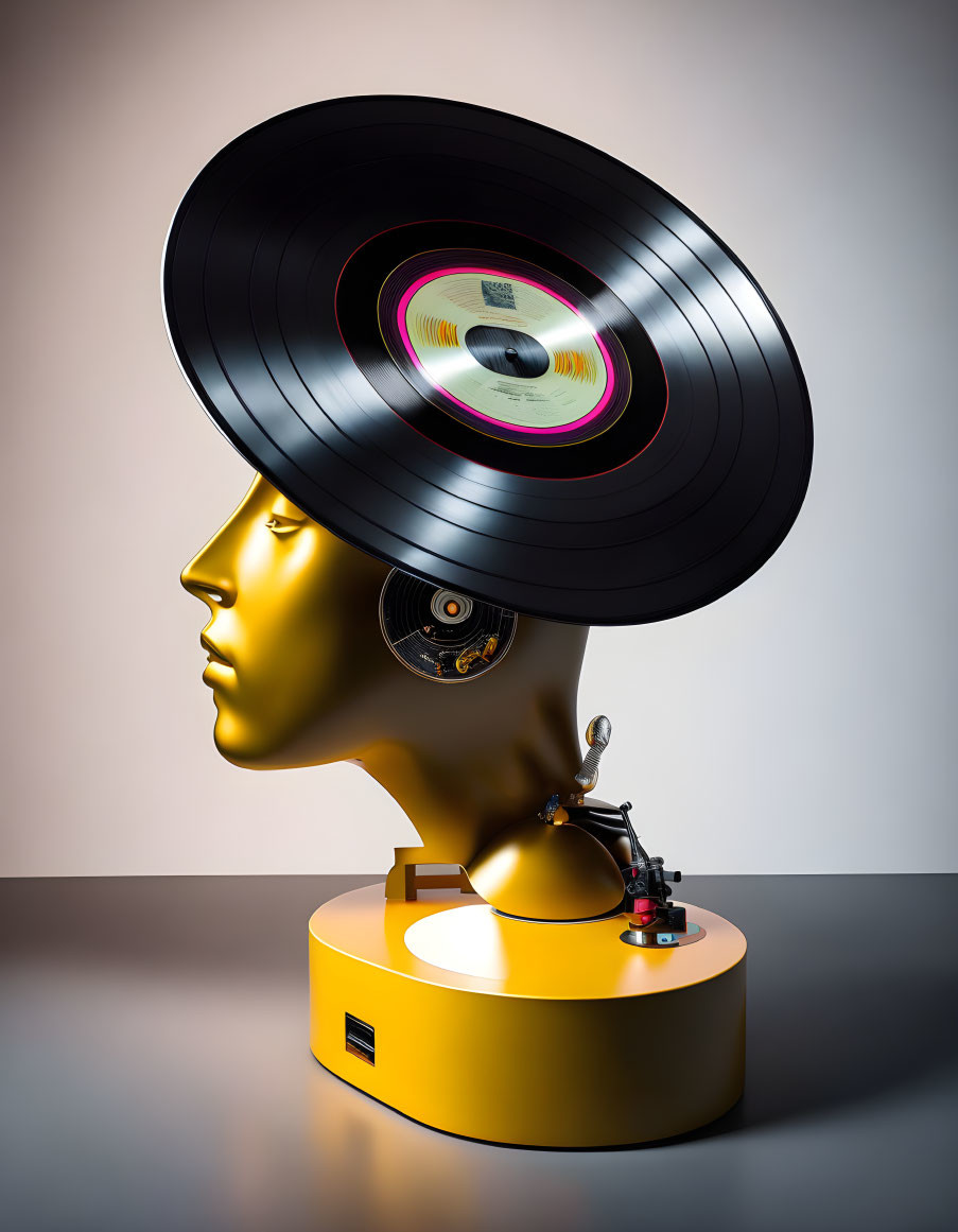 Surreal artwork: Golden mannequin head with vinyl records hat on yellow turntable