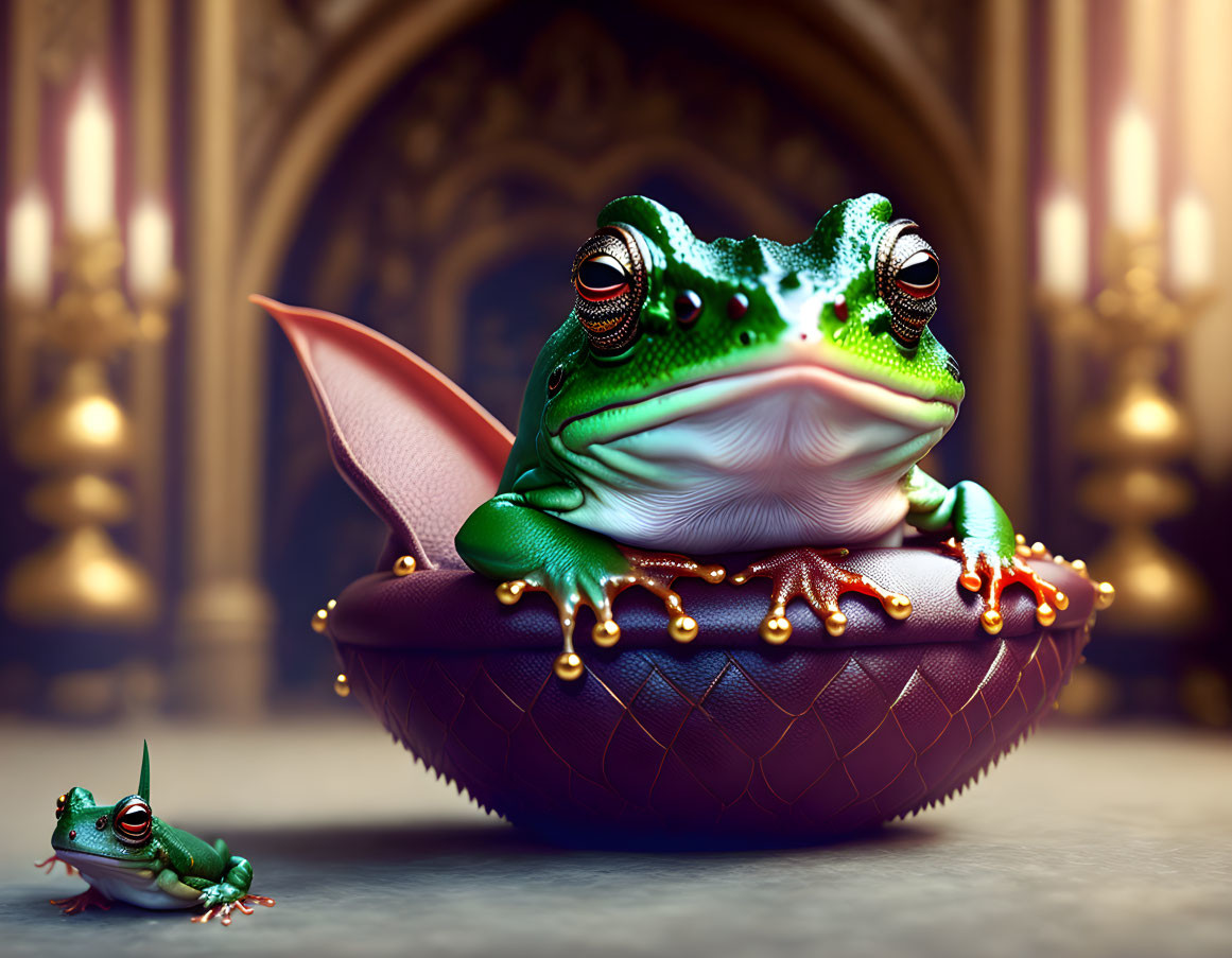 Detailed Animated Frogs on Purple Cushion with Regal Background