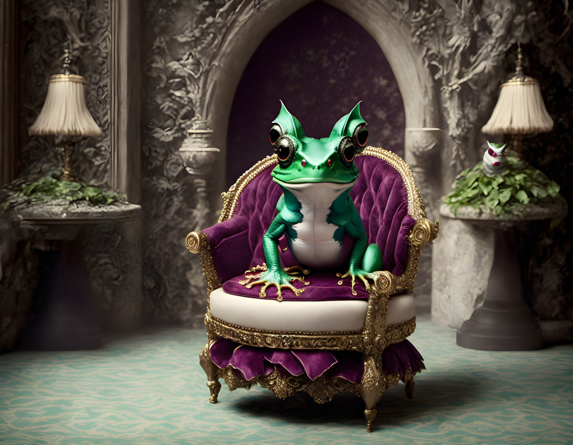 Regal large green frog on ornate chair in vintage room