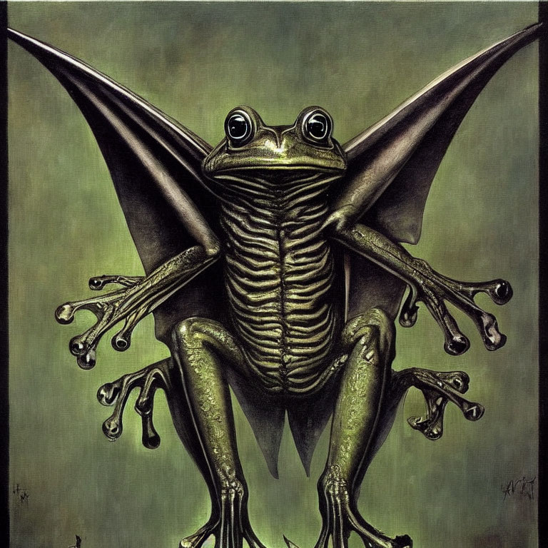 Detailed illustration: Frog with bat-like wings on dark green background