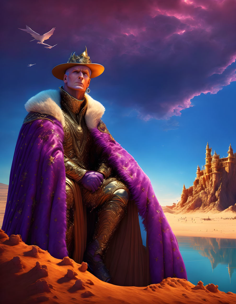 Regal Figure in Golden Armor and Purple Cloak with Castle and Lake Background