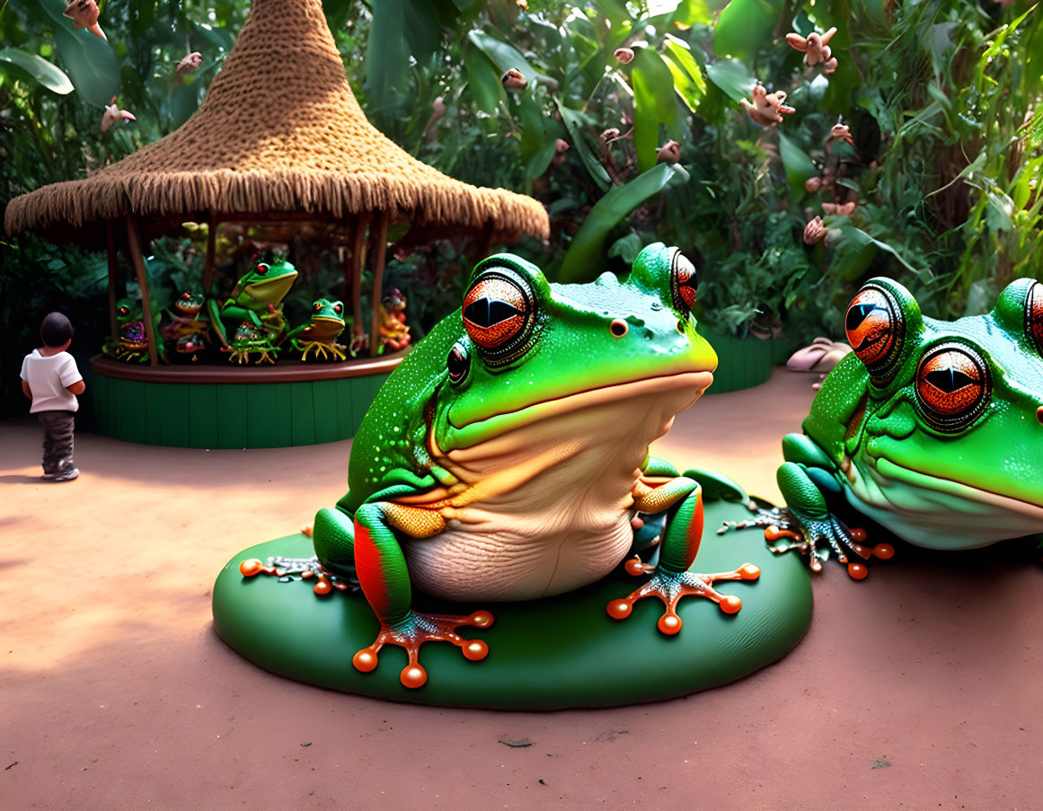 Vibrant garden with oversized frog sculptures and child observing small frog.