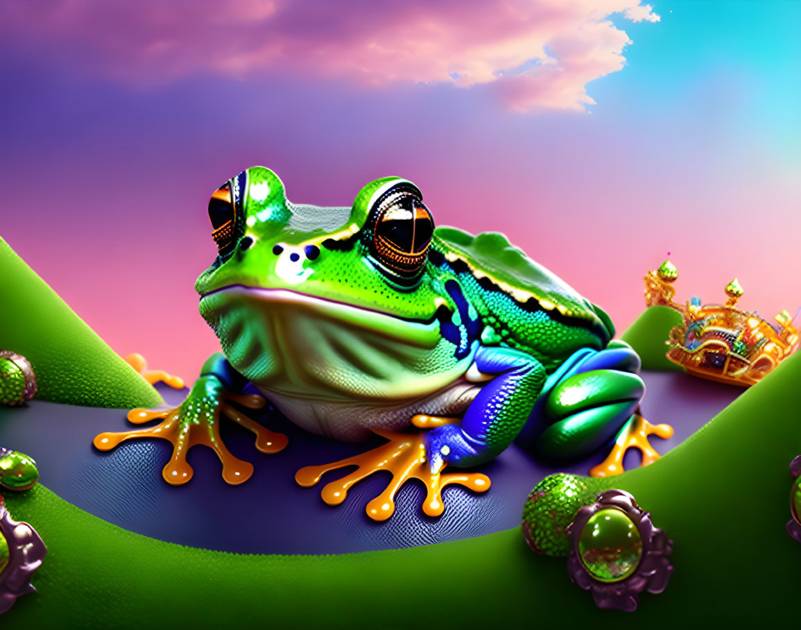 Colorful stylized frog with crown in whimsical landscape