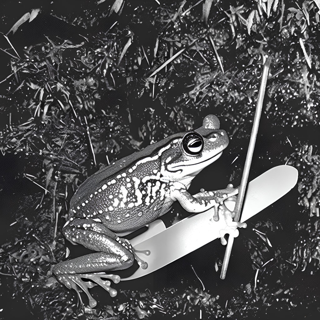 Monochrome frog on surfboard in lush setting