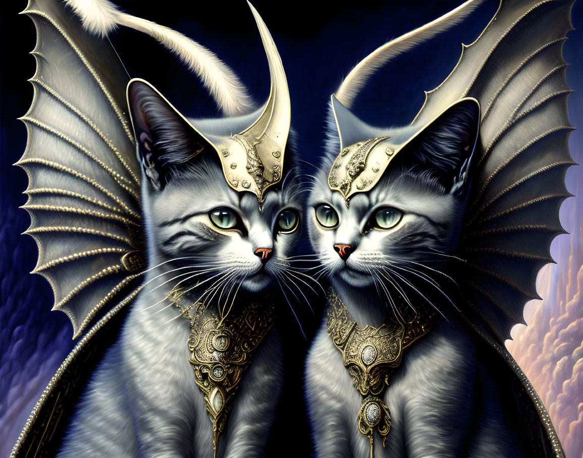 Fantastical winged cats in ornate headdresses on mystical backdrop