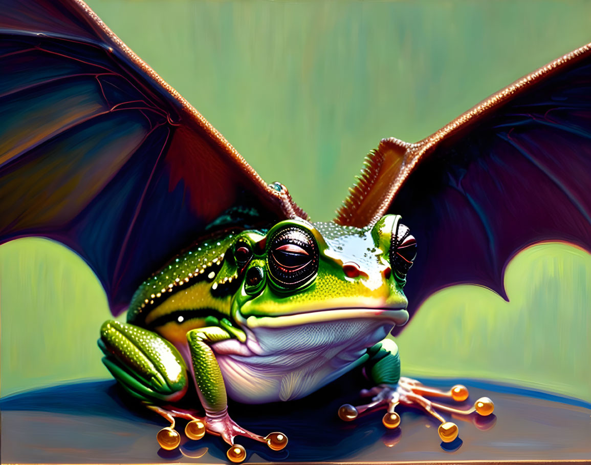 Whimsical frog with butterfly wings and orange pearls on green background