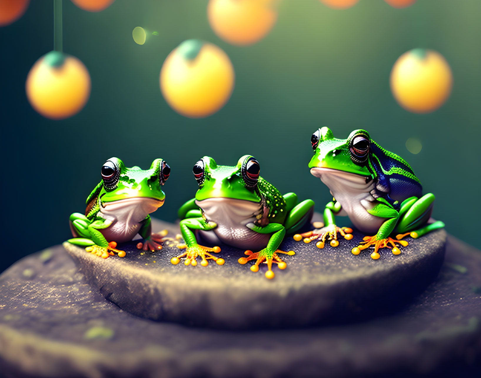 Three Green Frogs with Yellow and Black Details on Rock with Glowing Orbs