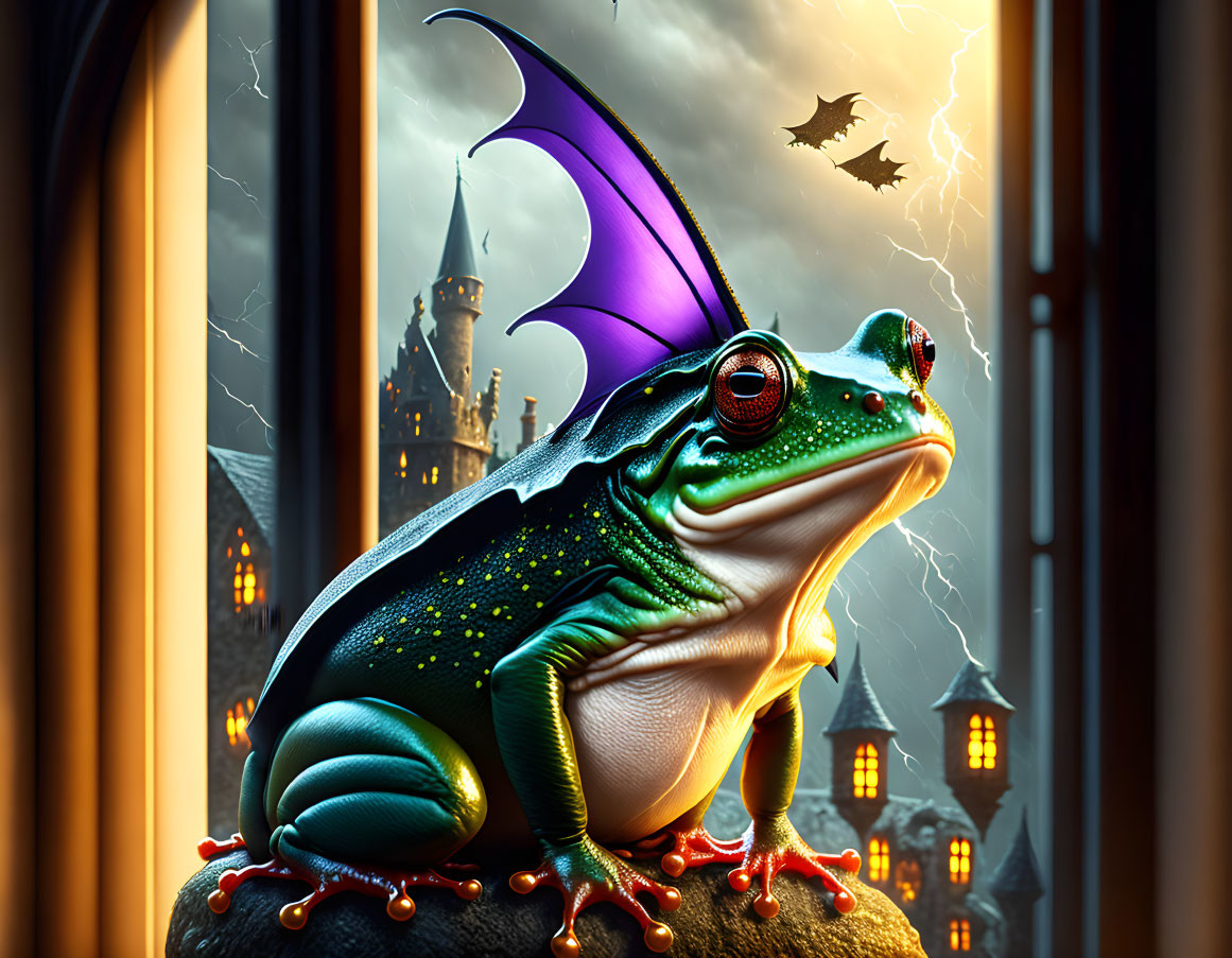 Illustration of frog with dragon wings on rock by window with stormy background.