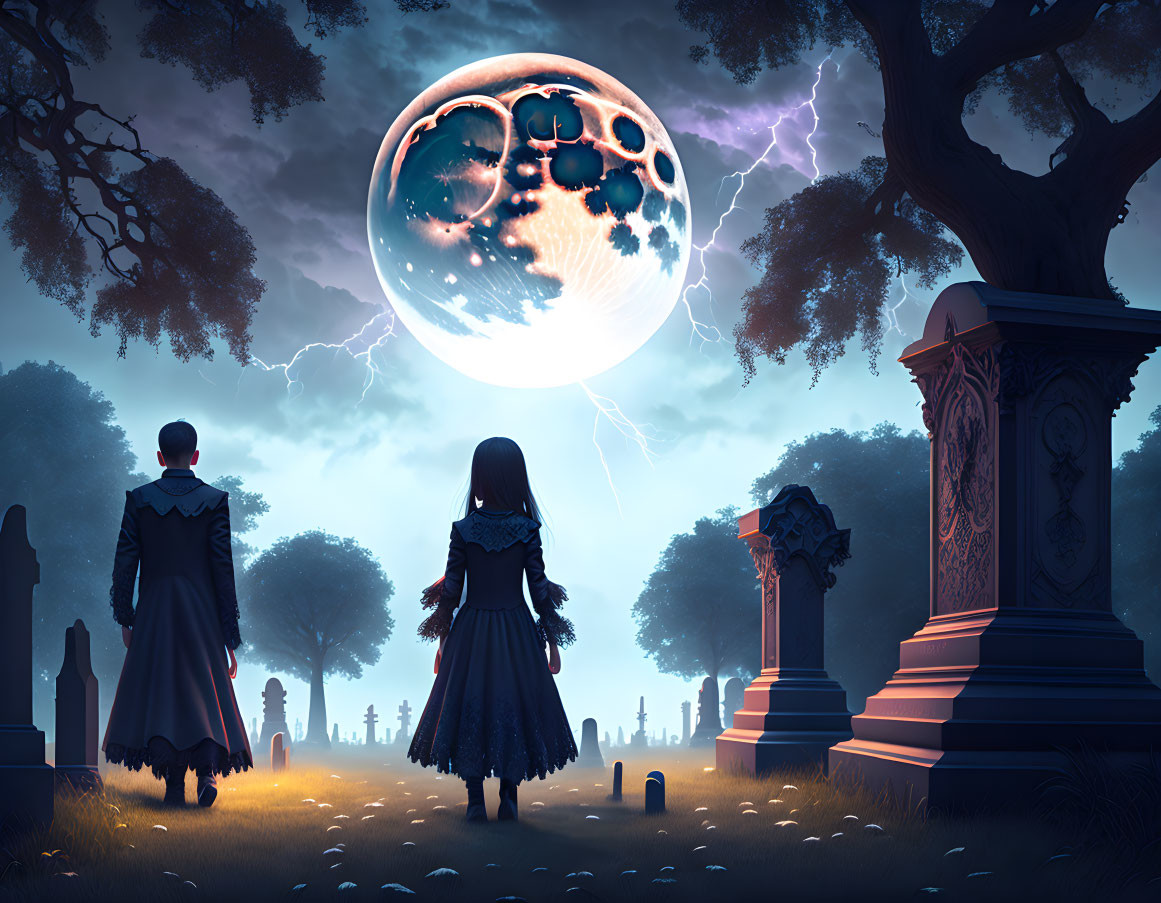 Gothic-style cemetery scene with two figures, surreal moon, lightning, mist, tombstones.