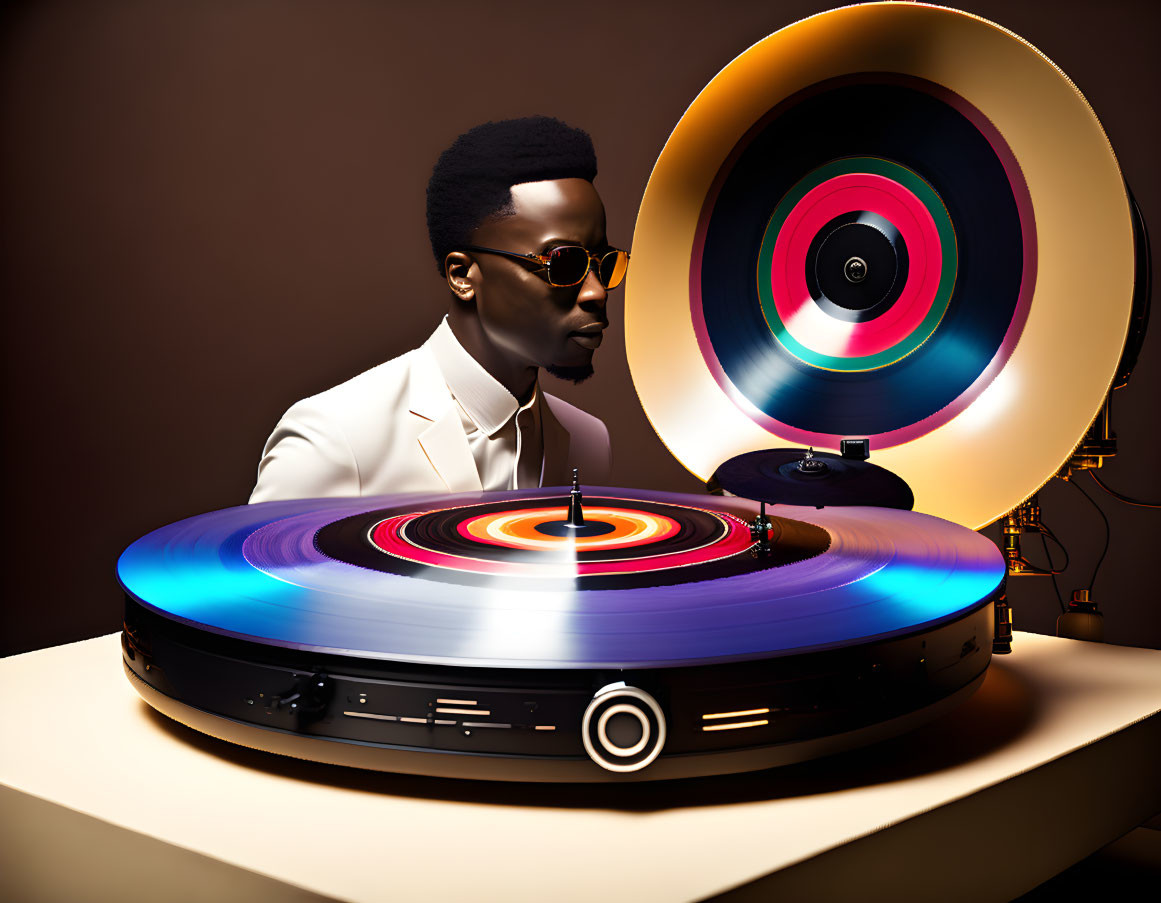 Fashionable man in white suit with sunglasses next to vibrant turntable and gramophone.