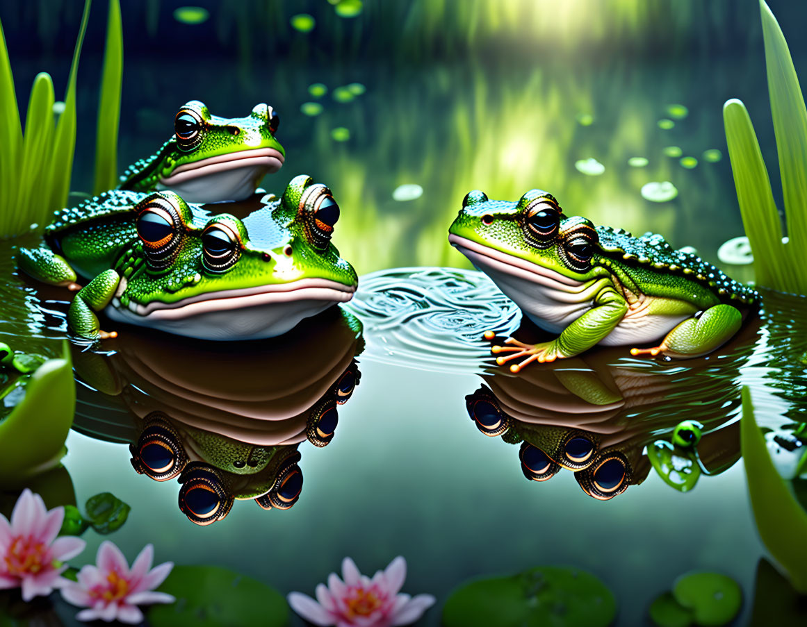 Three Green Frogs on Rocks by Pond with Water Lilies and Sunlight