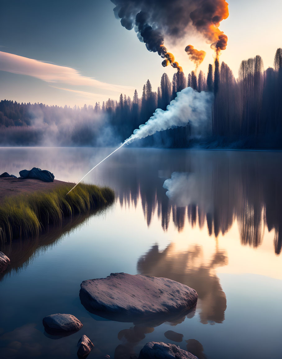 Tranquil sunrise lake with tree reflections, stones, and distant smoke and fire contrast.