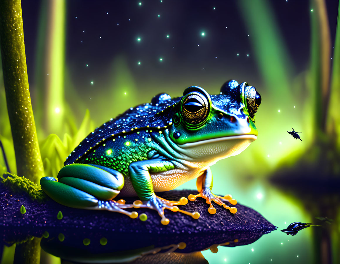 Colorful Frog on Leaf with Insect and Starry Background