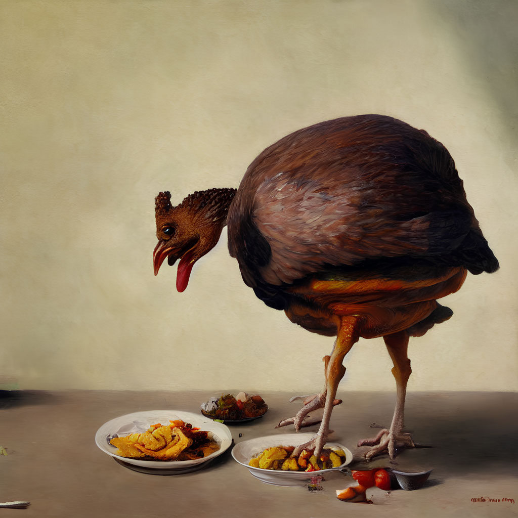 Surreal painting: Large chicken with small head eating from plates