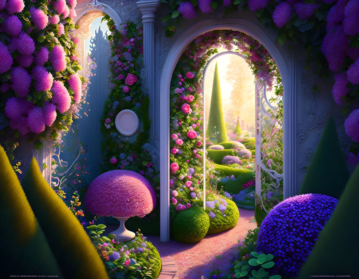 Floral-Encrusted Arch Doorway in Enchanting Garden